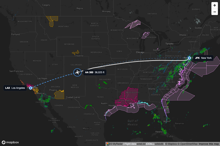 An American Airlines flight from New York to Los Angeles over radar and warnings