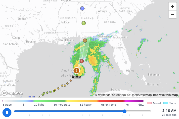 A hurricane's forecast track and cone on a light map