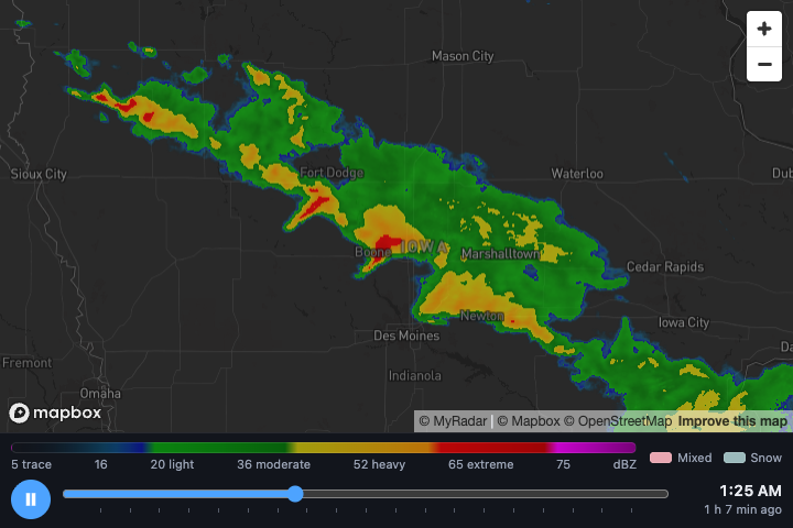 Radar zoomed in on a line of storms