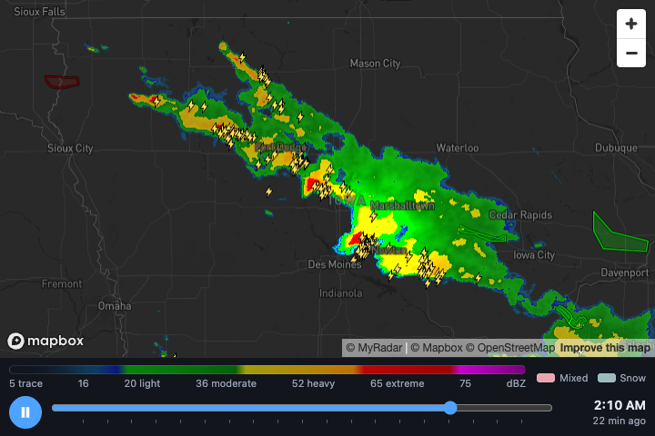 Warnings and lightning over a line of storms