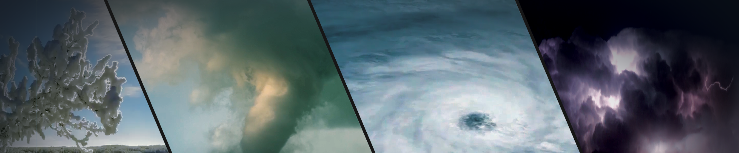A montage of inclement weather, including a tornado, hurricane, and lightning storm